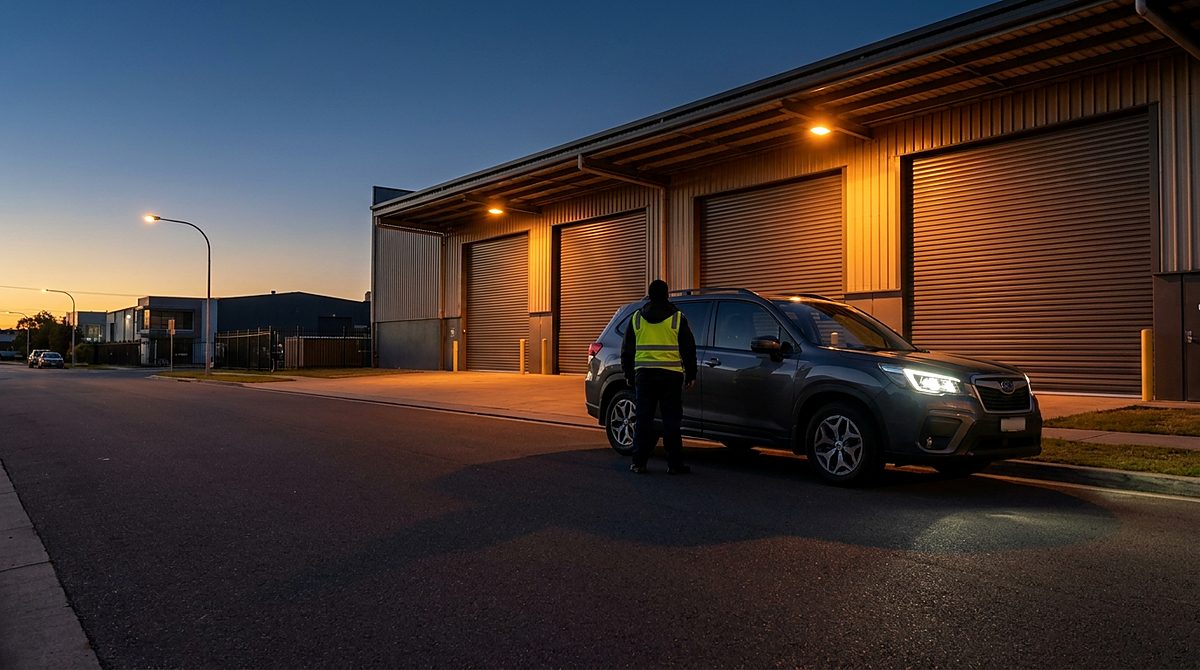 Security officer beside a patrol vehicle outside a warehouse at dusk