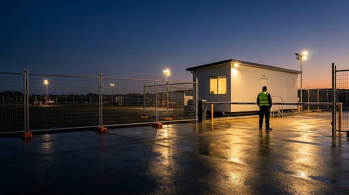 Security officer standing at the gate of a floodlit site office at dusk